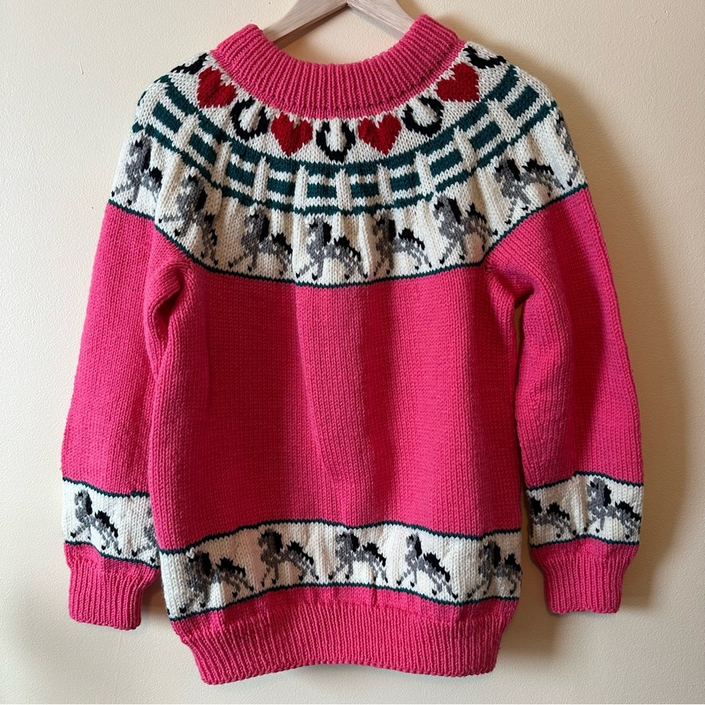 Vintage Handmade Unique Pink Horse Chunky Knit Sweater Rare Cozy Colorful